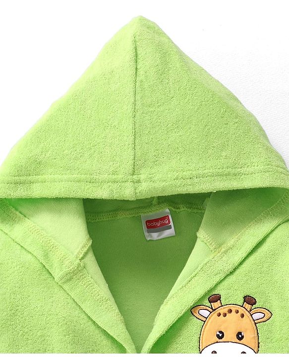 Babyhug Terry Knit Full Sleeves Hooded Bath Robe with Giraffe Patch - Green