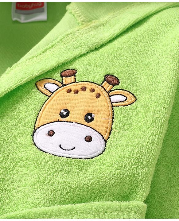 Babyhug Terry Knit Full Sleeves Hooded Bath Robe with Giraffe Patch - Green