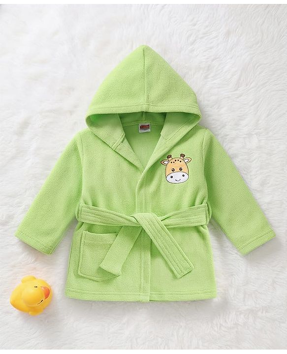 Babyhug Terry Knit Full Sleeves Hooded Bath Robe with Giraffe Patch - Green