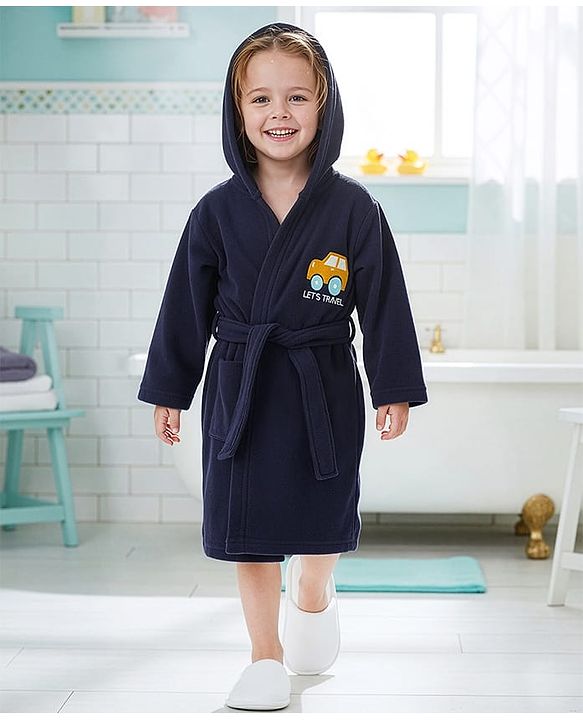 Babyhug Velour Knit Full Sleeves Bath Robe With Let's Travel Print - Navy Blue