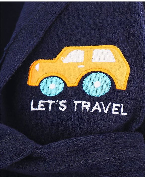 Babyhug Velour Knit Full Sleeves Bath Robe With Let's Travel Print - Navy Blue
