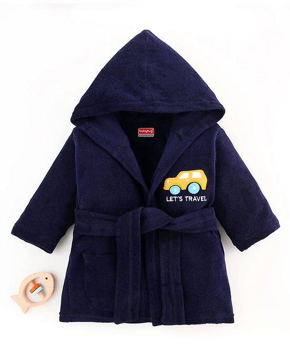 Babyhug Velour Knit Full Sleeves Bath Robe With Let's Travel Print - Navy Blue