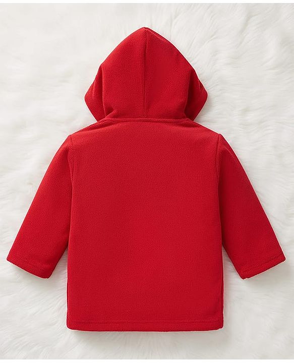 Babyhug Terry Knit Full Sleeves Hooded Bath Robe with Lion Embroidery - Red