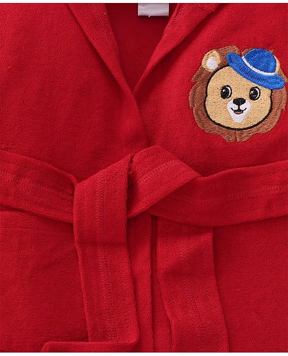 Babyhug Terry Knit Full Sleeves Hooded Bath Robe with Lion Embroidery - Red
