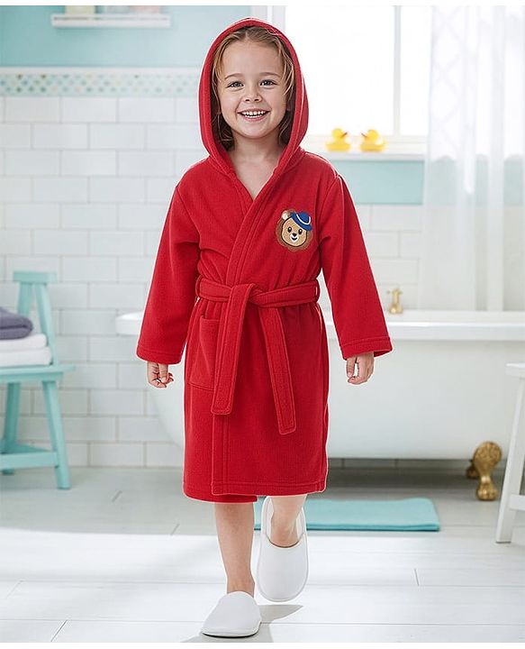 Babyhug Terry Knit Full Sleeves Hooded Bath Robe with Lion Embroidery - Red