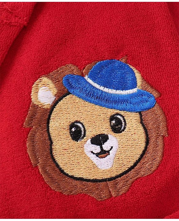 Babyhug Terry Knit Full Sleeves Hooded Bath Robe with Lion Embroidery - Red