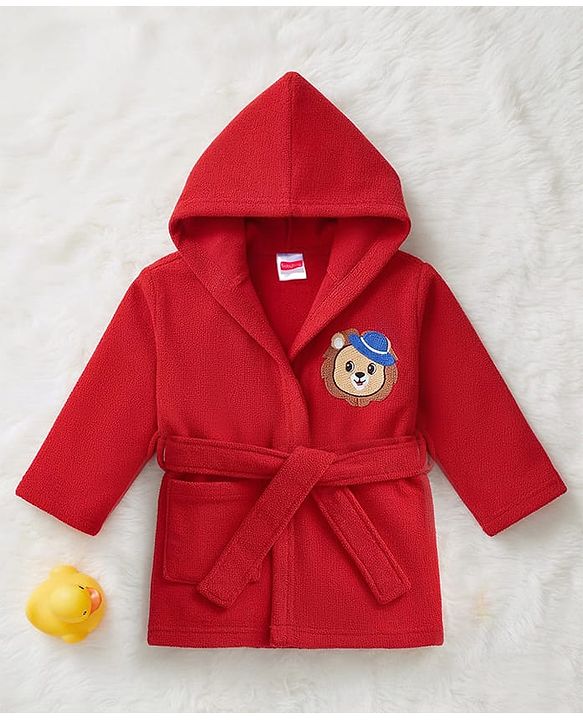 Babyhug Terry Knit Full Sleeves Hooded Bath Robe with Lion Embroidery - Red