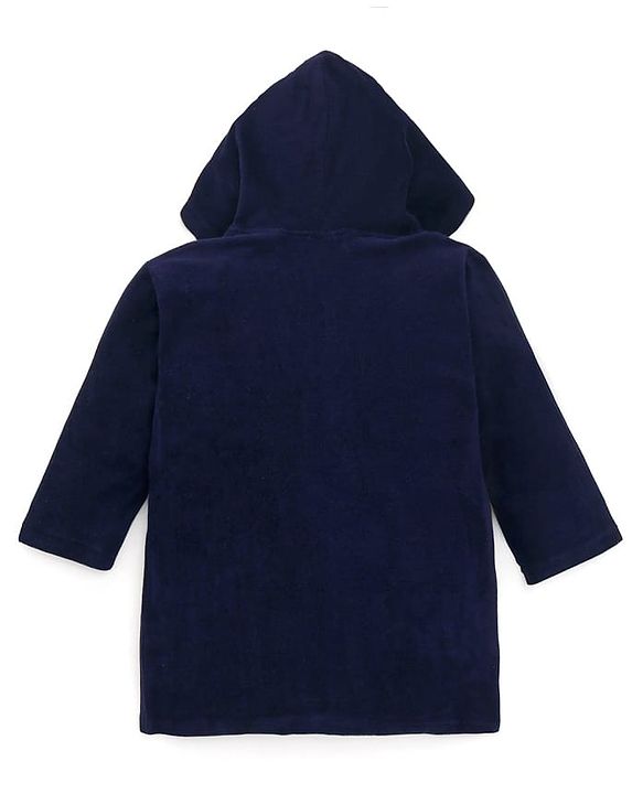 Babyhug Terry Knit Full Sleeves Hooded Bath Robe with Animal Patch - Navy Blue