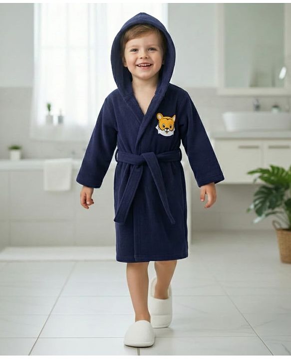 Babyhug Terry Knit Full Sleeves Hooded Bath Robe with Animal Patch - Navy Blue