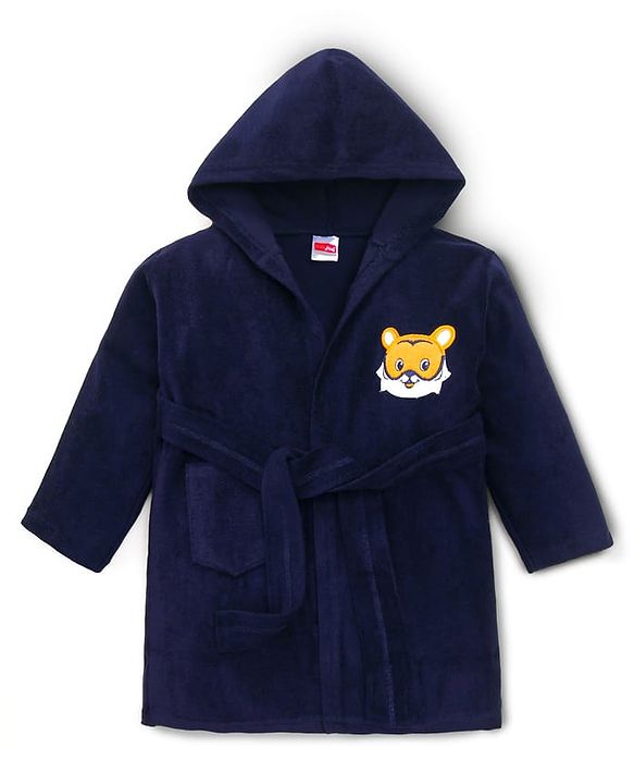 Babyhug Terry Knit Full Sleeves Hooded Bath Robe with Animal Patch - Navy Blue