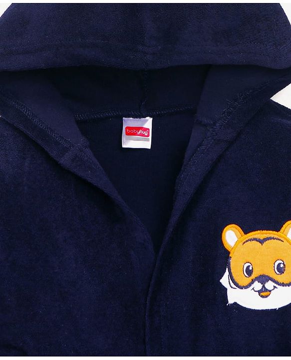 Babyhug Terry Knit Full Sleeves Hooded Bath Robe with Animal Patch - Navy Blue
