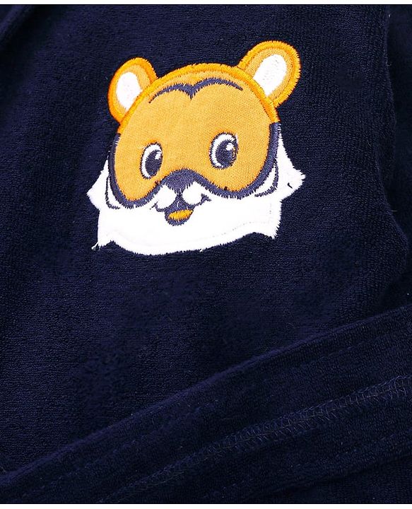 Babyhug Terry Knit Full Sleeves Hooded Bath Robe with Animal Patch - Navy Blue