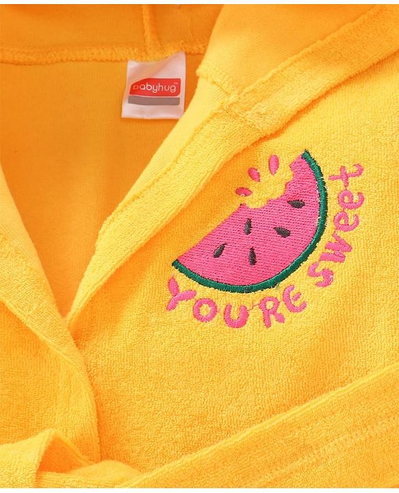 Babyhug Terry Knit Full Sleeves Hooded Bath Robe with Watermelon Embroidery - Yellow