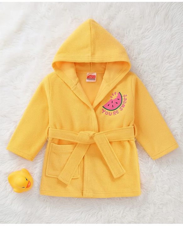 Babyhug Terry Knit Full Sleeves Hooded Bath Robe with Watermelon Embroidery - Yellow