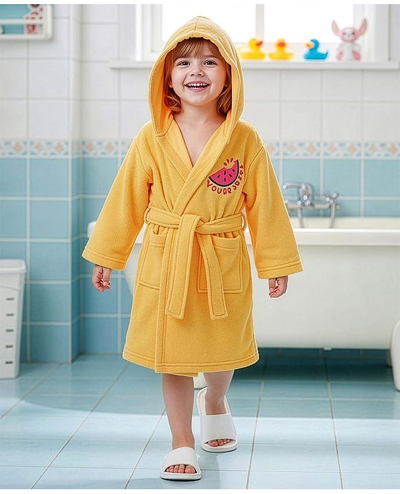 Babyhug Terry Knit Full Sleeves Hooded Bath Robe with Watermelon Embroidery - Yellow