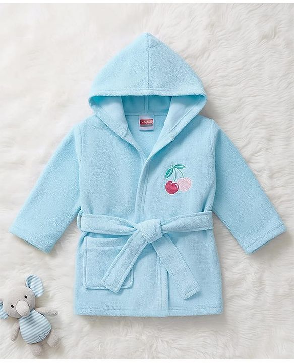 Babyhug Velour Knit Full Sleeves Hooded Bath Robe with Cherry Embroidery - Light Blue