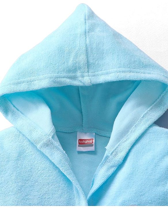 Babyhug Velour Knit Full Sleeves Hooded Bath Robe with Cherry Embroidery - Light Blue