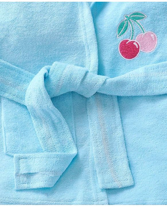 Babyhug Velour Knit Full Sleeves Hooded Bath Robe with Cherry Embroidery - Light Blue