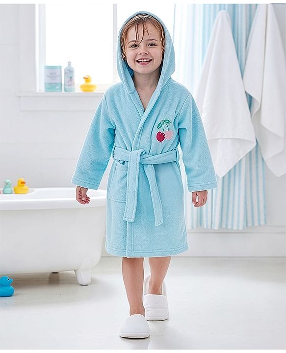 Babyhug Velour Knit Full Sleeves Hooded Bath Robe with Cherry Embroidery - Light Blue