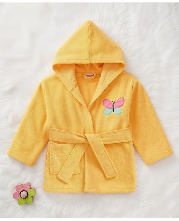 Babyhug Terry Knit Full Sleeves Hooded Bath Robe with Butterfly Embroidery - Yellow