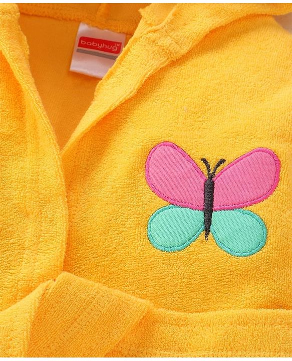 Babyhug Terry Knit Full Sleeves Hooded Bath Robe with Butterfly Embroidery - Yellow