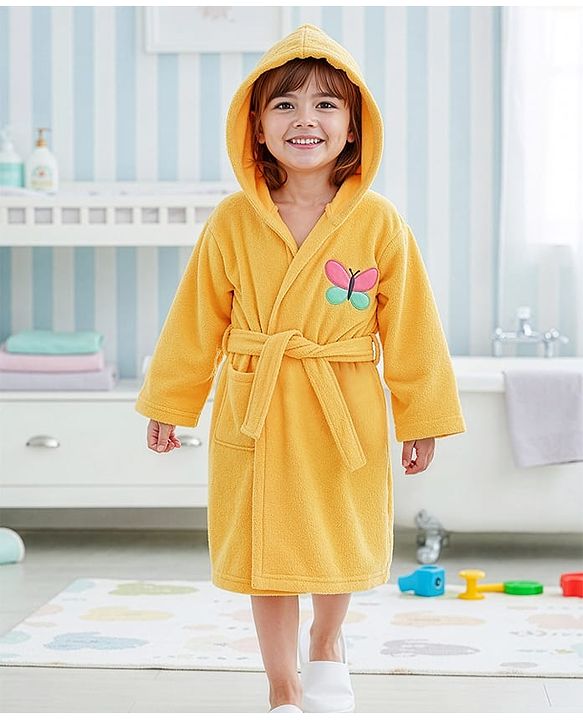 Babyhug Terry Knit Full Sleeves Hooded Bath Robe with Butterfly Embroidery - Yellow