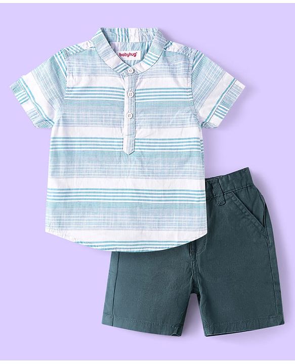 Babyhug Cotton Woven Half Sleeves Striped T-Shirt & Shorts Set - Green & White