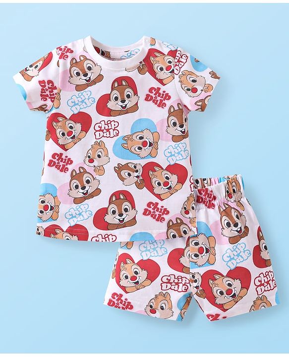 Babyhug Disney Single Jersey Knit Half Sleeves Shorts Night Suit with Chip N Dale Graphics -White