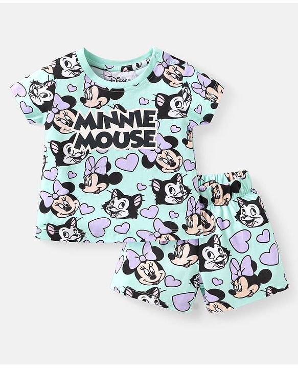 Babyhug Disney Single Jersey Knit Half Sleeves Short Night Suit with Minnie Mouse Graphics - Aqua Blue