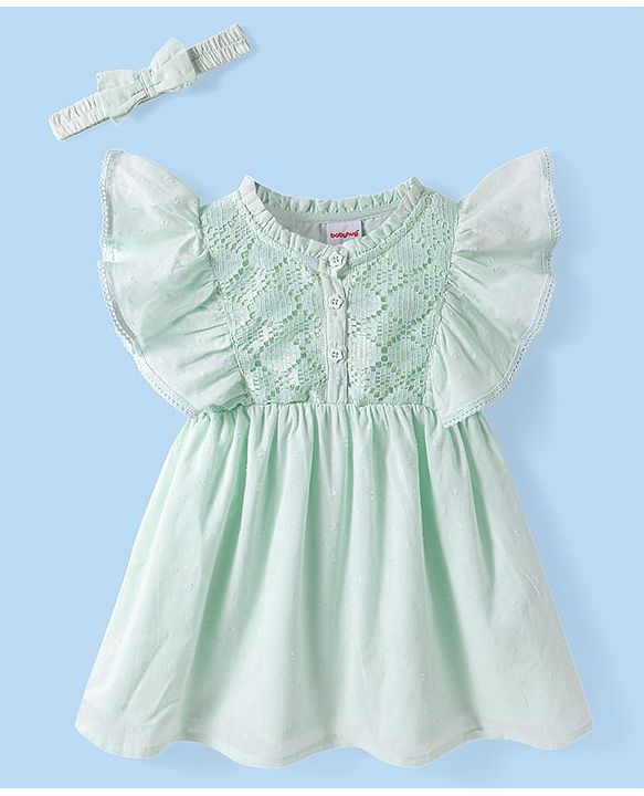 Babyhug Cotton Woven Frill Sleeves Frock & Head Band with Lace Detailing - Mint