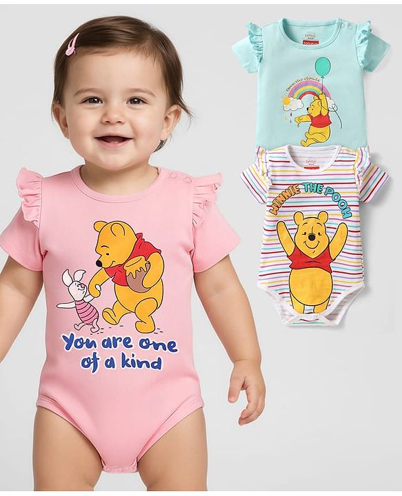 Babyhug Disney Interlock Knit Half Sleeves Onesies With Winnie The Pooh Graphics & Frill Detailing Pack of 3 - Pink Blue & White