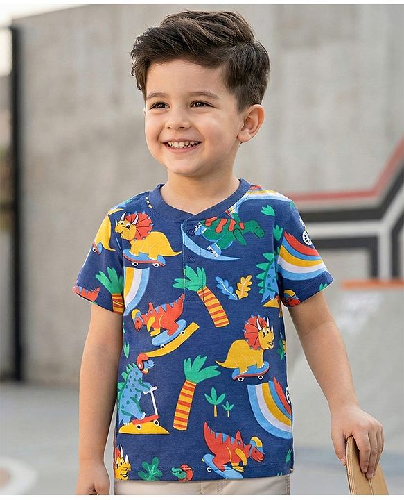 Babyhug Cotton Knit Half Sleeves Henley Neck T-Shirt with Dino Print - Navy Blue