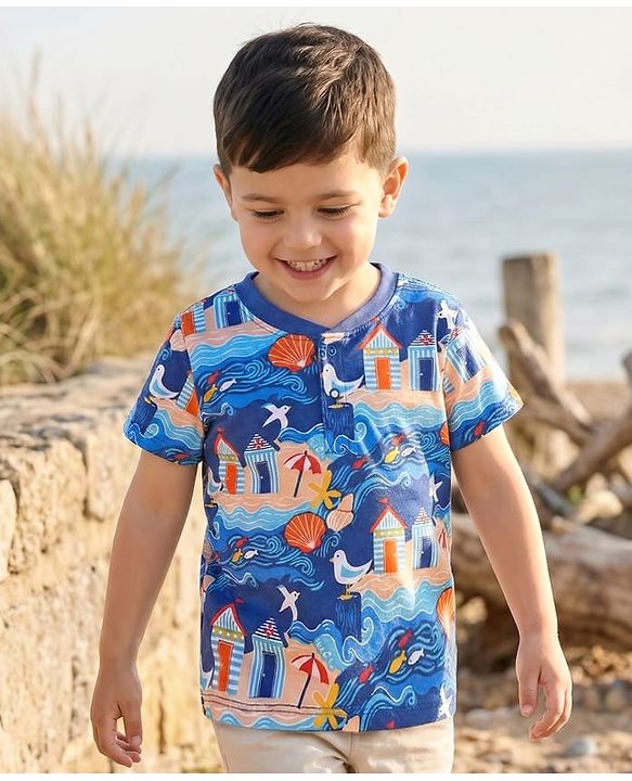 Babyhug Cotton Knit Half Sleeves Henley Neck T-Shirt with Beach Theme Print - Navy Blue