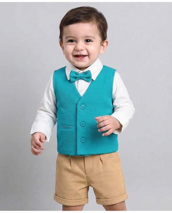 Babyhug Knit Full Sleeves Solid 3 Piece Party Suit With Bow - White Blue & Beige