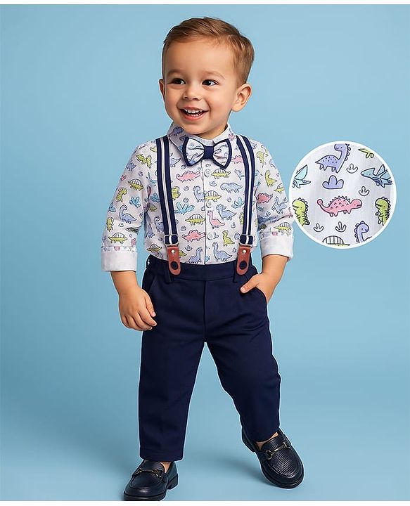 Babyhug Knit Full Sleeves Dino Printed Shirt & Pant with Bow & Suspender - Navy Blue & White