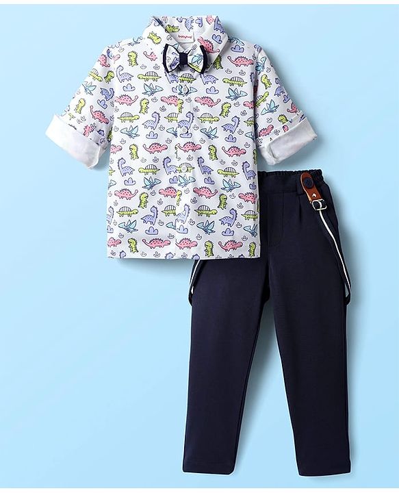 Babyhug Knit Full Sleeves Dino Printed Shirt & Pant with Bow & Suspender - Navy Blue & White