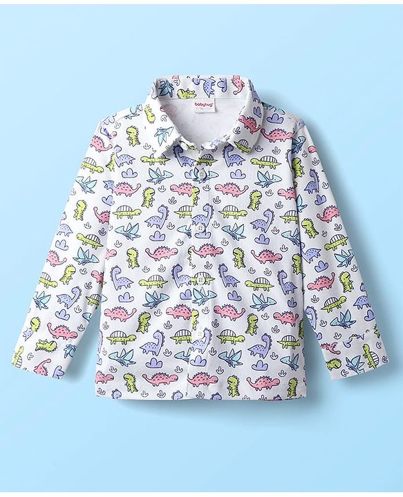 Babyhug Knit Full Sleeves Dino Printed Shirt & Pant with Bow & Suspender - Navy Blue & White