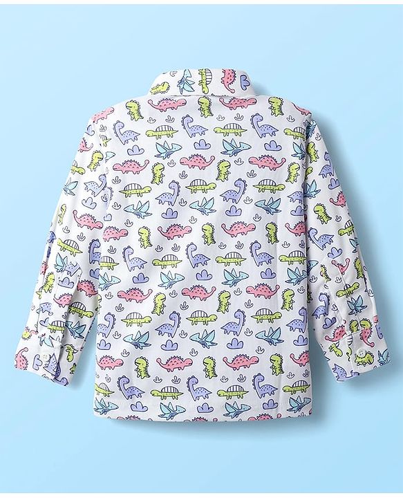 Babyhug Knit Full Sleeves Dino Printed Shirt & Pant with Bow & Suspender - Navy Blue & White
