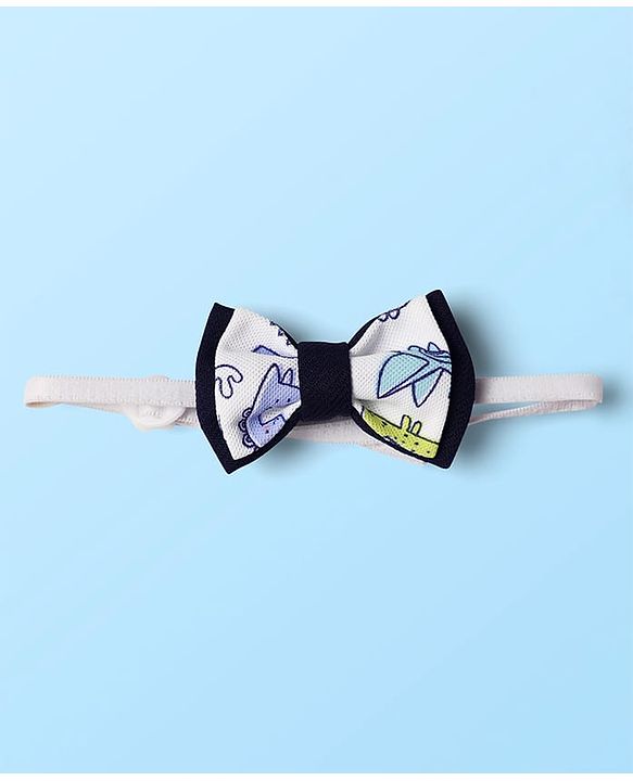 Babyhug Knit Full Sleeves Dino Printed Shirt & Pant with Bow & Suspender - Navy Blue & White