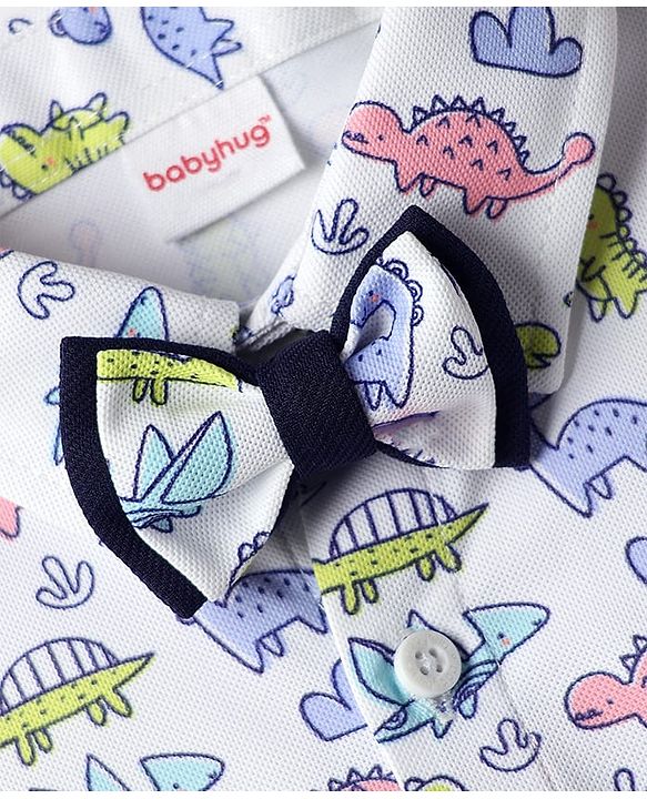 Babyhug Knit Full Sleeves Dino Printed Shirt & Pant with Bow & Suspender - Navy Blue & White