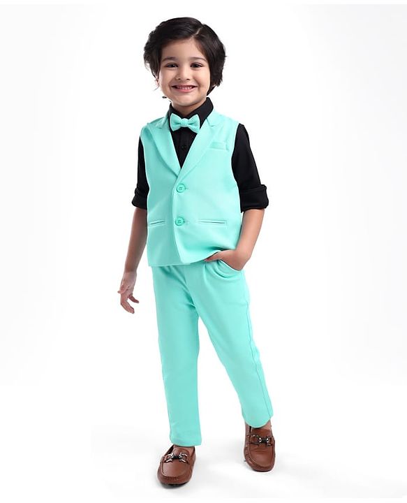 Babyhug Knit Full Sleeves Solid Color 3 Piece Party Suit with Bow - Navy Blue