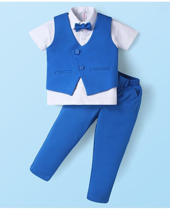 Babyhug Knit Half Sleeves Solid Color 3 Piece Party Suit with  Bow - White & Blue