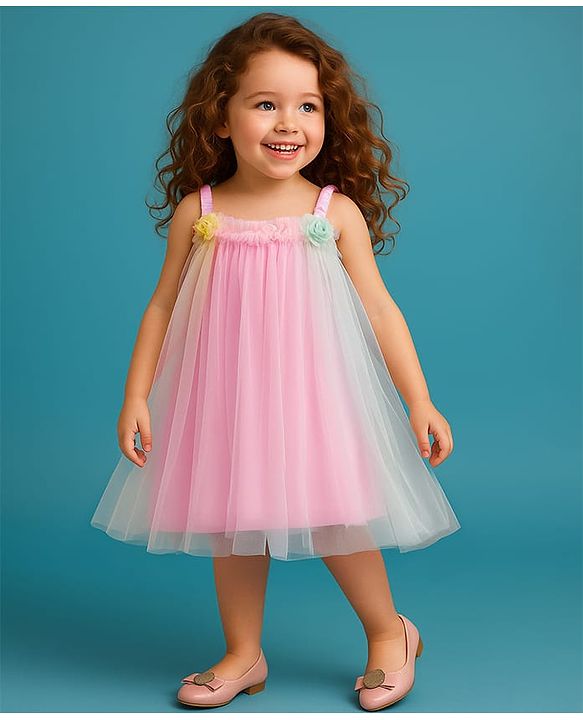 Babyhug Woven Mesh Sleeveless Party Wear Dress With Ruffles & Floral Applique - Pink