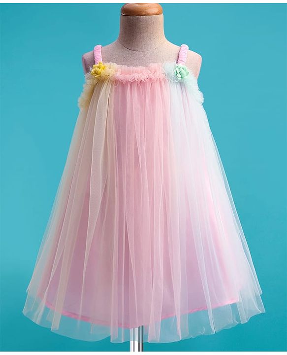 Babyhug Woven Mesh Sleeveless Party Wear Dress With Ruffles & Floral Applique - Pink