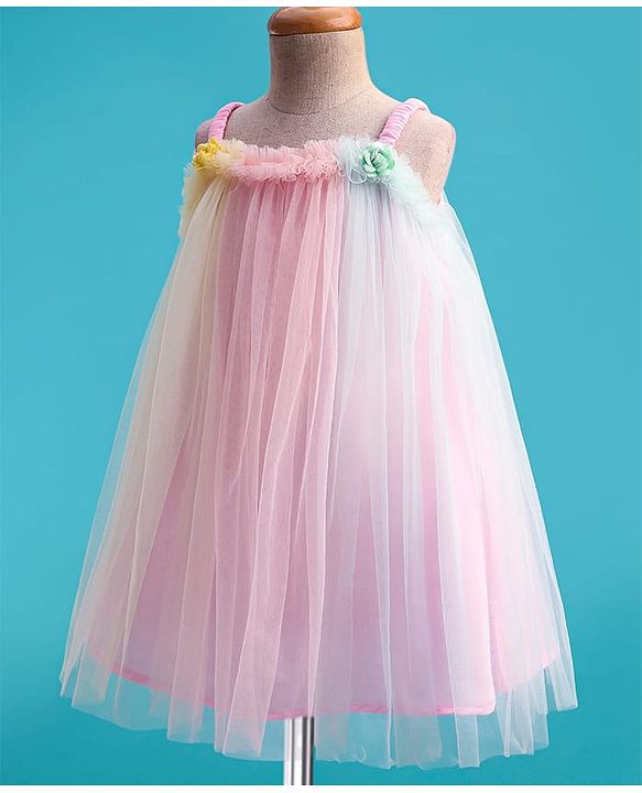 Babyhug Woven Mesh Sleeveless Party Wear Dress With Ruffles & Floral Applique - Pink