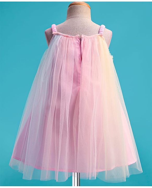 Babyhug Woven Mesh Sleeveless Party Wear Dress With Ruffles & Floral Applique - Pink