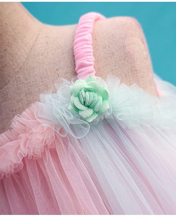 Babyhug Woven Mesh Sleeveless Party Wear Dress With Ruffles & Floral Applique - Pink