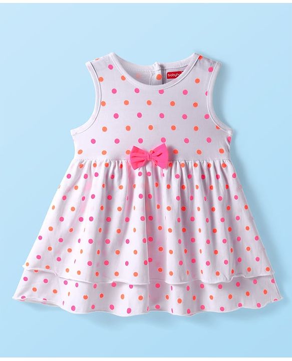 Babyhug Cotton Woven Sleeveless Frock with Polka Dots Print & Bow Applique - White