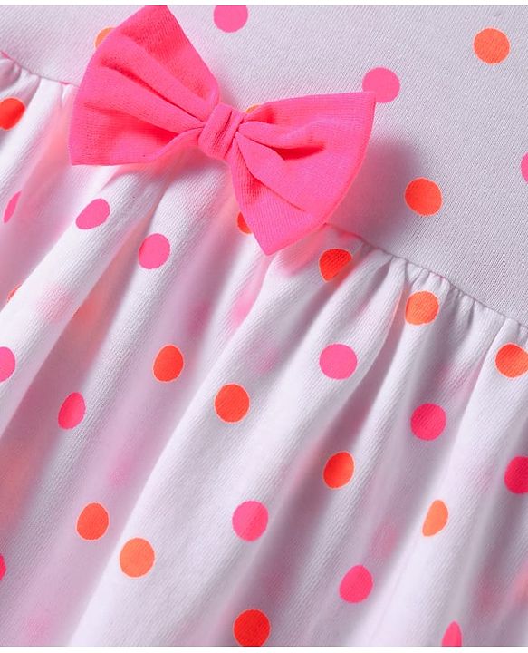 Babyhug Cotton Woven Sleeveless Frock with Polka Dots Print & Bow Applique - White