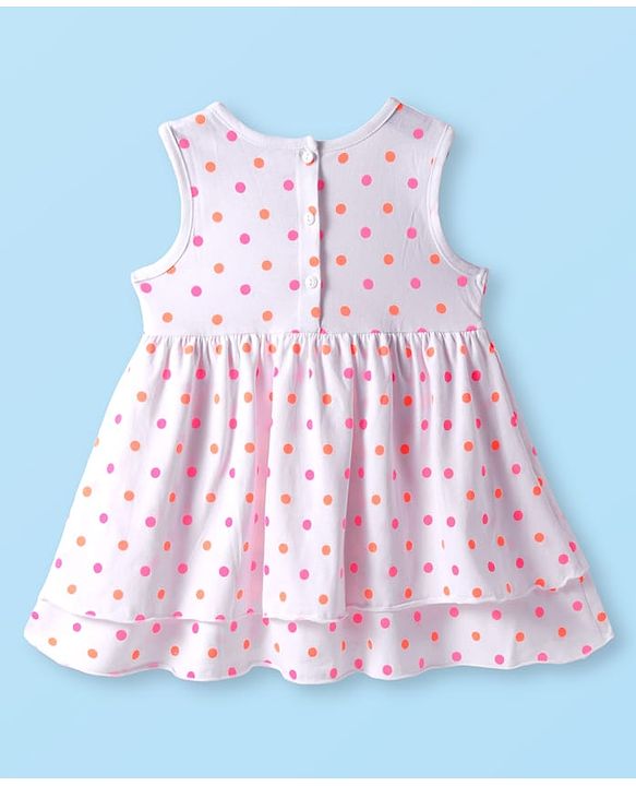 Babyhug Cotton Woven Sleeveless Frock with Polka Dots Print & Bow Applique - White